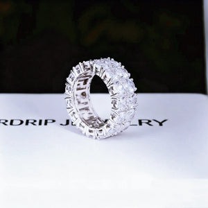 Iced micro pave double row silver eternity band ring for men women, hand‑set prong lifted cubic zirconia bling hip‑hop ring, shiny icy full encrusted statement fashion jewelry for party and everyday wear RDRIP JEWELRY
