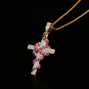 14k gold plated iced out coral snake wrapped cross pendant full micro paved pink black cubic zirconia serpent twisted cross hip hop necklace for men streetwear bling jewelry RDRIP JEWELRY