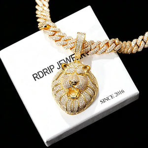 Iced Out Full Pave Roaring King Lion Pendant Necklace, 18K gold plated full pave flawless VVS simulated diamonds heavyweight men hip hop iced jewelry with free matching chain displayed on RDRIP JEWELRY gift box