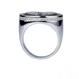 Side profile view Iced Out Heartbreak Signet Ring polished silver wide pave crystal band heavy mens hip hop rapper ring solid statement band RDRIP JEWELRY