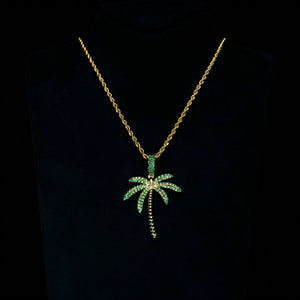 Gold Iced Palm Tree Pendant displayed on black jewelry mannequin bust micro pave green cubic zirconia stones with gold rope chain tropical street hip hop bling necklace for men RDRIP JEWELRY
