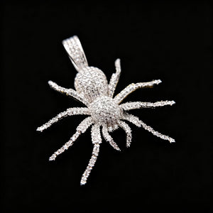 Iced Tarantula Spider Pendant close‑up shot, fully micro paved flawless VVS simulated diamonds hip hop charm, silver tone oversized spider streetwear jewelry for men, detailed multi‑leg tarantula design RDRIP JEWELRY
