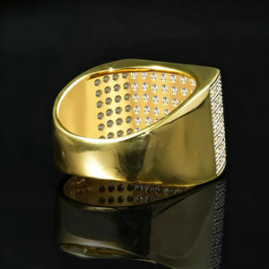 Hollow inner back view of two‑tone gold silver men full pave square statement band ring by RDRIP JEWELRY, showing hollow stone‑set inner base, polished thick 18k gold plated copper band, densely hand‑set cubic zirconia and rhinestone outer face, heavy iced‑out bling hip‑hop men statement ring, black glossy reflective studio close‑up shot