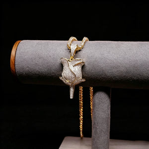 Jewelry stand display of bling fully paved rose flower pendant necklace, iced out gold plated hip hop jewelry set with flawless vvs simulated diamonds, luxury unisex rose charm pendant for street fashion style RDRIP JEWELRY SINCE 2016