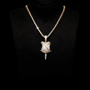 Mannequin display shot of bling fully paved rose flower pendant, gold plated iced out hip hop necklace set with flawless vvs simulated diamonds, unisex street fashion rose charm jewelry RDRIP JEWELRY SINCE 2016