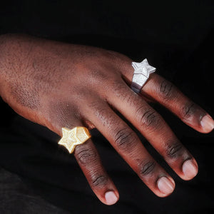 Black hand model wearing two tone full pave iced out solid 3D micro inlay pentagram rhinestone ring gold and silver color heavy solid band bling hip hop statement ring for men showcase real wear effect urban men fashion jewelry RDRIP JEWELRY