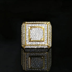 Official Limited micro‑inlay multi‑layer square signet ring top‑down flat view,18K gold plated heavy weight men hip hop statement ring,full pave sparkling cubic zirconia stones,micro‑inlay multi‑layer square frame design,high polished gold metal finish,black glossy reflective background,iced‑out wide band rapper fashion jewelry for men RDRIP JEWELRY