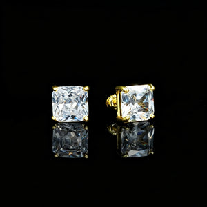 Radiant Cut 9MM 4 Prong Screw Back Stud Earrings, Gold Plated Sparkling Cubic Zirconia Square Stud Earrings, Secure Screw Back Hip Hop Minimalist Jewelry for Men Women RDRIP JEWELRY
