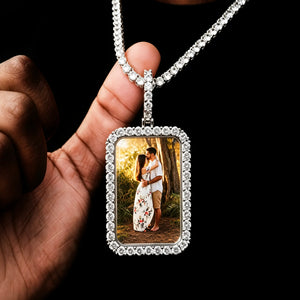 3D Iced Out Rectangle Custom Photo Pendant, silver rectangular diamond frame locket embedded with outdoor couple portrait, held in hand, custom memory picture pendant with iced tennis chain, personalized hip hop keepsake photo necklace, RDRIP JEWELRY
