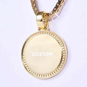 Baguette Iced Out Round Custom Photo Pendant Necklace, yellow gold tone blank empty template pendant with no photo inserted, hanging view paired with tennis chain on pale white background, customizable round picture medallion blank sample, RDRIP JEWELRY