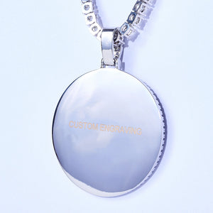 Classic Iced Out Circle Custom Photo Pendant Necklace back view, silver tone blank engraving plate with "CUSTOM ENGRAVING" marking, paired with box chain, studio shot on plain white background, personalized hip hop custom memory jewelry, RDRIP JEWELRY