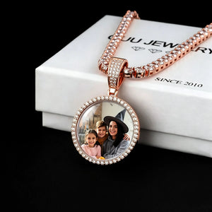 Classic Iced Out Circle Custom Photo Pendant Necklace, rose gold tone circular family portrait medallion with glass cover reflection, single row icy stone frame, tennis chain, displayed on white branded gift box, black background studio shot, personalized family keepsake hip hop jewelry, RDRIP JEWELRY