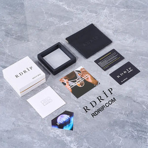 RDRIP hip hop jewelry complete packaging flat lay set including gift box, black window jewelry box, zipper storage pouch, polishing cloth, brand cards and sticker for iced out necklace pendant