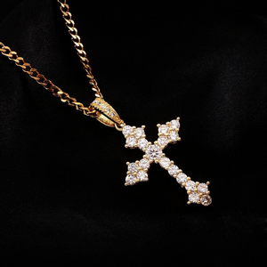 Iced Flower Cluster Cross Pendant 18k gold plated hip hop jewelry close up shot on black silk fabric, flawless VVS simulated diamond flower cluster cross charm with cuban link chain unisex streetwear religious pendant RDRIP JEWELRY
