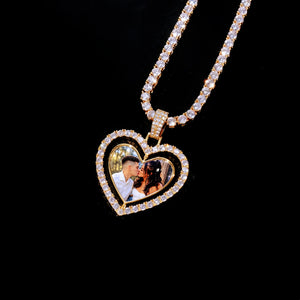 Iced Out Double Sided Rotatable Heart Custom Photo Pendant, gold tone tennis chain, couple kissing portrait inserted inside heart frame, encrusted round stones, solid pure black background personalized custom photo locket necklace, RDRIP JEWELRY