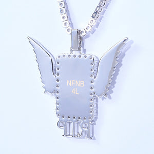 Iced Out Wings RIP Custom Photo Pendant, white gold tone back hanging view, polished smooth rear plate supports custom engraved text, angel wing frame, matched tennis chain, plain white background, customizable memorial hip hop keepsake jewelry, RDRIP JEWELRY