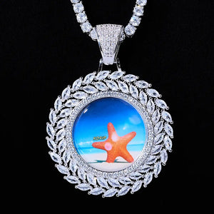 LARGE 3D DELUXE WHEAT EAR CUSTOM PICTURE PENDANT, silver plated iced out multi-layer marquise wheat ear border custom memory photo charm, upgraded deluxe sunflower style personalized portrait medallion hip hop jewelry matched with tennis chain, close-up product photo on pure solid black background, RDRIP JEWELRY
