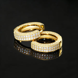 Pair of S925 Sterling Silver VVS1 Moissanite Fully Iced 3D Thick Huggie Hoop Earrings 14K Gold Plated Micro Pave Stone Setting Secure Click Lock Closure Unisex Men Women Hip Hop Iced Out Bling Fashion Jewelry RDRIP JEWELRY