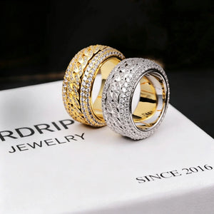Spinner 5‑layer iced cuban band ring pair product shot, 18K gold plated and white gold plated rotatable spinning cuban link wide rings, fully hand‑set flawless VVS simulated diamonds, heavy 11mm width hip‑hop icy bling statement rings for men streetwear fashion, premium hip hop jewelry SINCE 2016 RDRIP JEWELRY