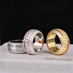 Spinner 5‑layer iced cuban band ring group shot, showing white gold plated and 18K gold plated versions, rotatable spinning cuban link wide band, hand‑set flawless VVS simulated diamonds, heavy 11mm width hip‑hop bling statement rings for men, streetwear icy jewelry collection RDRIP JEWELRY