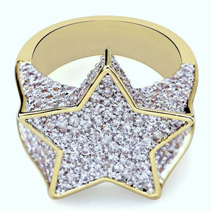 Top down closeup view of gold plated iced out pentagram wide band mens hip hop ring fully encrusted with micro paved cubic zirconia stones, detailed shot of 3D star icy bling statement jewelry for hiphop street fashion RDRIP JEWELRY