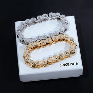 11mm full iced out bike chain link bracelet two color set, 18k gold plated and white gold plated VVS simulated diamond motorcycle link wrist jewelry laid on white brand gift box marked SINCE 2016, all angles bling bling hand set stones no glue hip hop streetwear statement bracelet for men 7 inch 8 inch size luxury men jewelry gift RDRIP JEWELRY