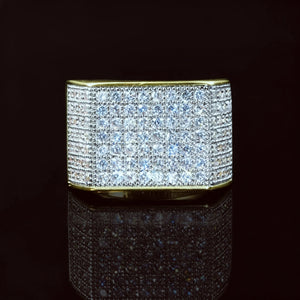 Two‑tone gold silver men hip hop full pave square statement band ring from RDRIP JEWELRY, wide flat square top densely hand‑set sparkling cubic zirconia and rhinestone stones, 18k gold plated copper iced out mens statement jewelry, heavy bling hip‑hop ring for men, black reflective studio product shot