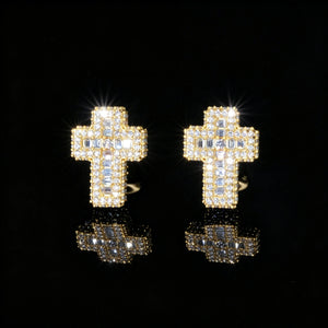 VVS1 Moissanite Baguette Cross Stud Earrings, 14k gold plated iced out cross screw back earrings for men, full pave round and baguette cut moissanite stones, sparkling hip hop luxury cross studs, brilliant shine moissanite men fashion jewelry, RDRIP JEWELRY