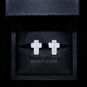 VVS1 Moissanite Baguette Cross Stud Earrings presented in black jewelry gift box, iced out full pave mixed baguette and round moissanite cross earrings, secure screw back setting, 925 sterling silver white gold plated unisex hip hop jewelry RDRIP JEWELRY
