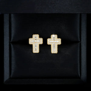 VVS1 Moissanite Baguette Cross Stud Earrings displayed inside black luxury jewelry gift box, 14k gold plated men iced‑out cross screw back studs, pave set baguette and round VVS1 moissanite stones, bling hip‑hop fashion men earrings, premium gift‑ready cross jewelry, RDRIP JEWELRY