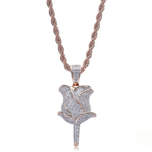 Studio shot on clean white background of bling fully paved rose flower pendant paired with rose gold twist rope chain, iced out hip hop necklace in rose gold tone encrusted with flawless vvs simulated diamonds, unisex hiphop streetwear rose charm jewelry RDRIP JEWELRY SINCE 2016