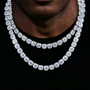 10MM Cushion Clustered Tennis Chain in White Gold, two layered stacked iced out cushion cluster hip hop tennis necklaces, VVS simulated diamonds icy bling unisex statement jewelry on dark black background, men women stacking hip‑hop necklace RDRIP JEWELRY
