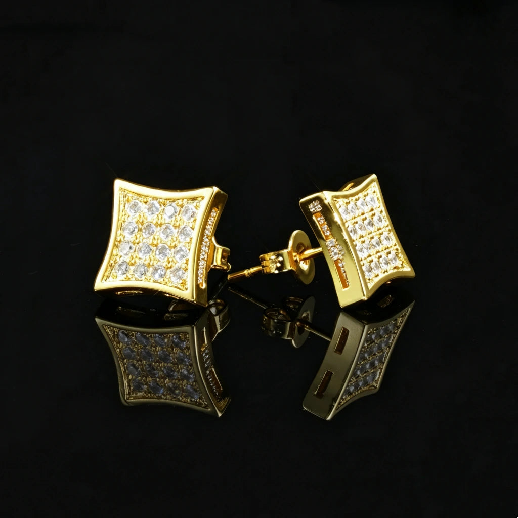 Back view of 10MM Curved Square Iced Out Micro Pave Stud Earrings, showing gold plated stud post and push back closure, RDRIP JEWELRY
