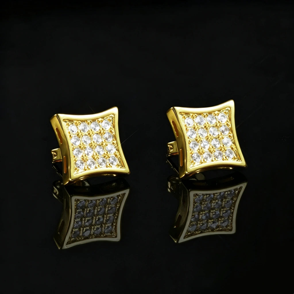10mm Curved Square Iced Out Micro Pave Stud Earrings, gold plated full paved VVS CZ hip hop earrings for men | RDRIP JEWELRY
