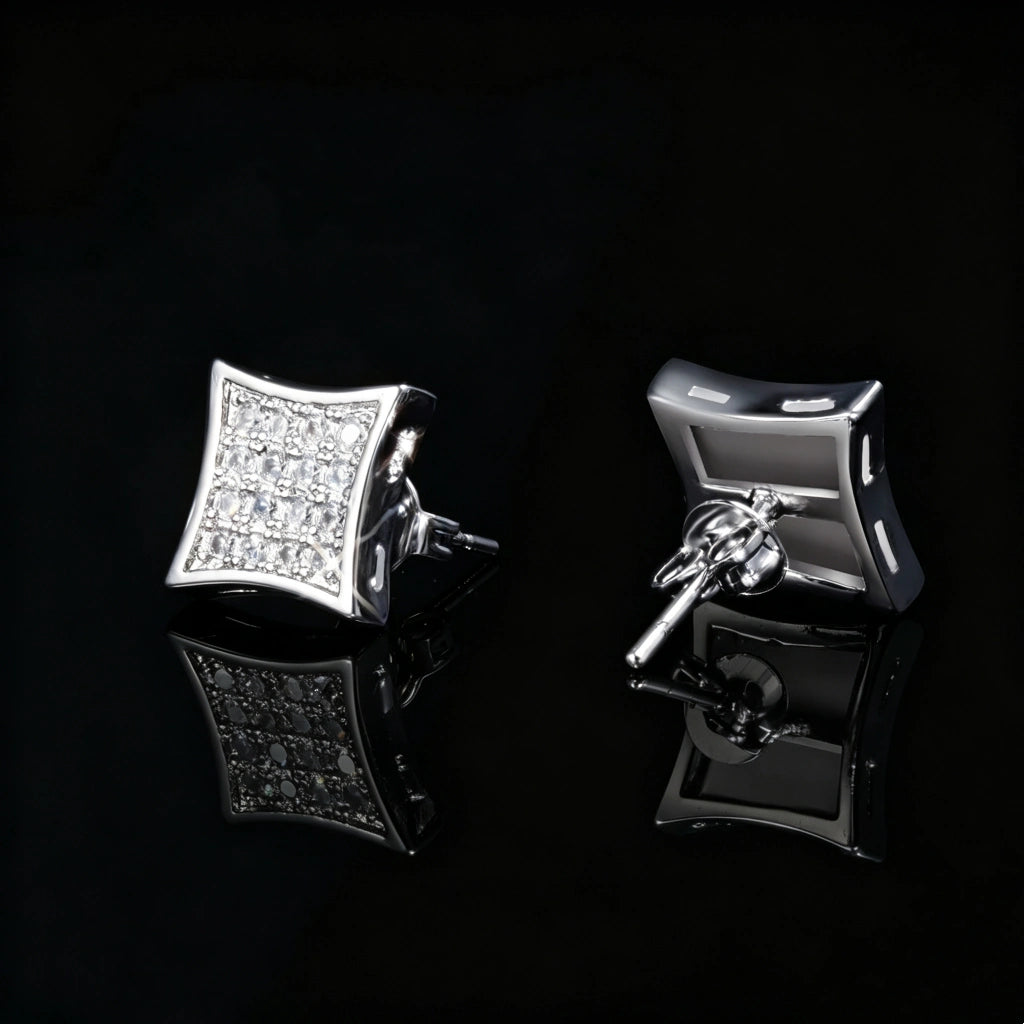 10mm Curved Square Iced Out Micro Pave Stud Earrings silver back view, showing stud post and push back closure, RDRIP JEWELRY
