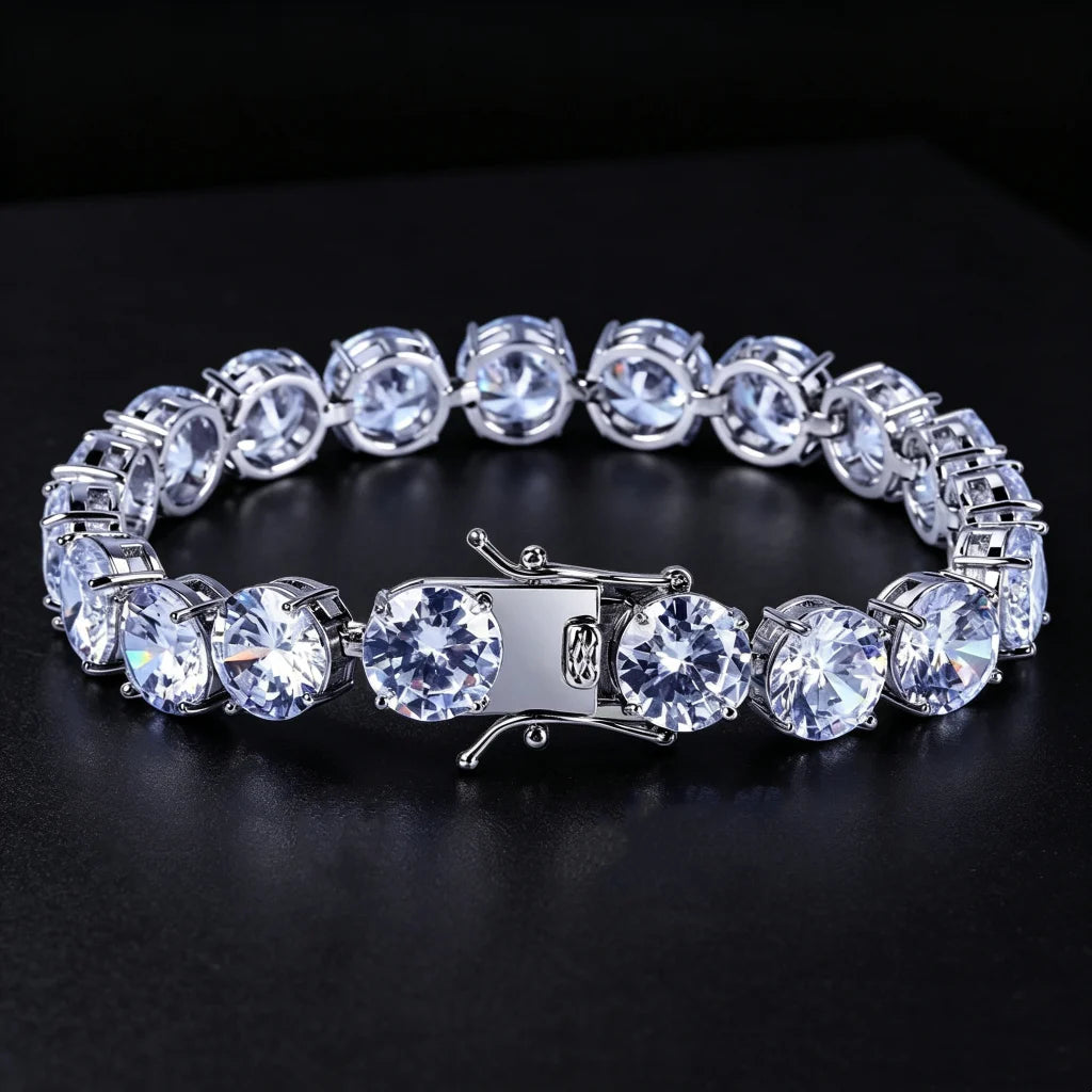 10mm silver iced out sparkle tennis bracelet with heavy‑duty double lock safety clasp, front studio shot on deep black background, large round prong‑set VVS simulated diamond stones with subtle cool blue hue, silver plated unisex hip hop bling wrist jewelry for men and women, RDRIP JEWELRY
