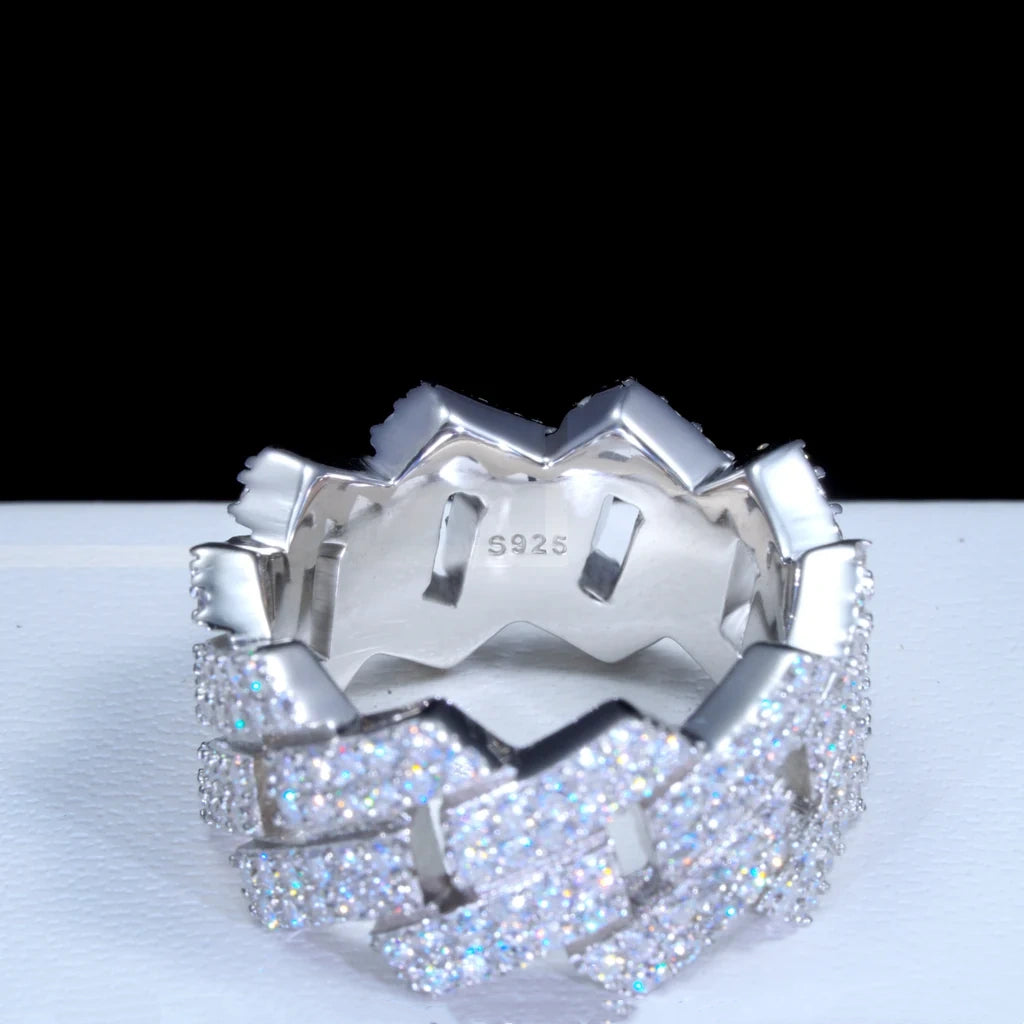 11mm extra wide full iced out miami cuban link hip hop ring inner view showing s925 sterling silver stamp prong‑set D‑color VVS1 moissanite stones white gold plated heavy men bling statement ring close‑up shot black and white background RDRIP JEWELRY
