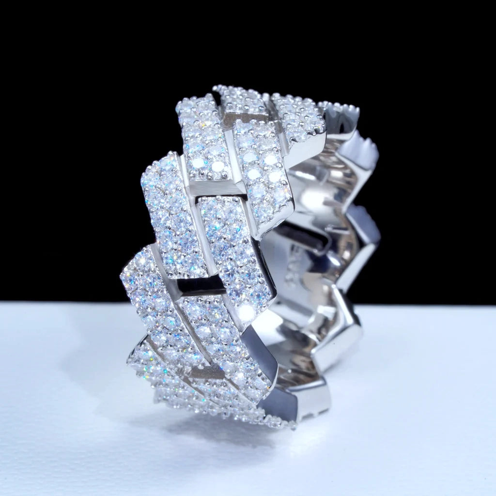 11mm extra wide full iced out miami cuban link hip hop ring side profile close‑up view prong‑set D‑color VVS1 moissanite stones genuine 925 sterling silver white gold plated heavy icy men bling statement ring black top background white display surface RDRIP JEWELRY
