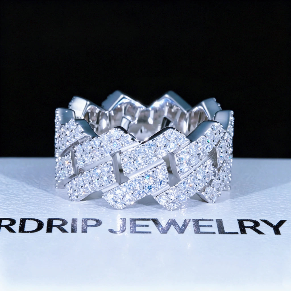 11mm extra wide full iced out miami cuban link hip hop ring prong‑set D‑color VVS1 moissanite genuine 925 sterling silver white gold plated heavy men bling statement ring displayed on branded gift box black background RDRIP JEWELRY
