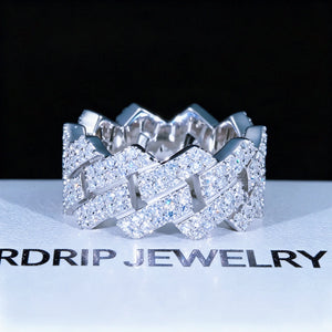 11mm extra wide full iced out miami cuban link hip hop ring prong‑set D‑color VVS1 moissanite genuine 925 sterling silver white gold plated heavy men bling statement ring displayed on branded gift box black background RDRIP JEWELRY
