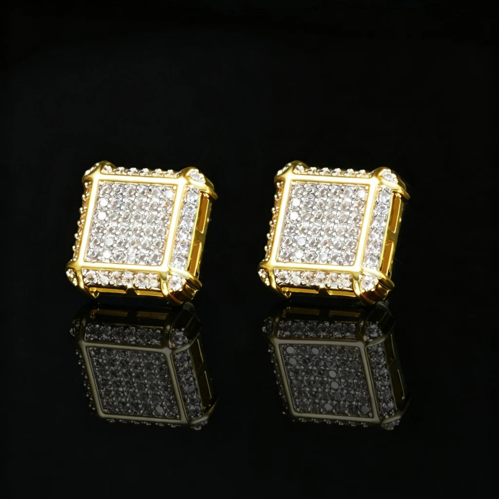 11MM Iced Out Square Frame Punk Screw Back Stud Earrings, Gold Plated VVS Simulated Diamond Micro Pave Square Earrings, Secure Screwback Hip Hop Punk Piercing Jewelry Gift for Men Women RDRIP JEWELRY
