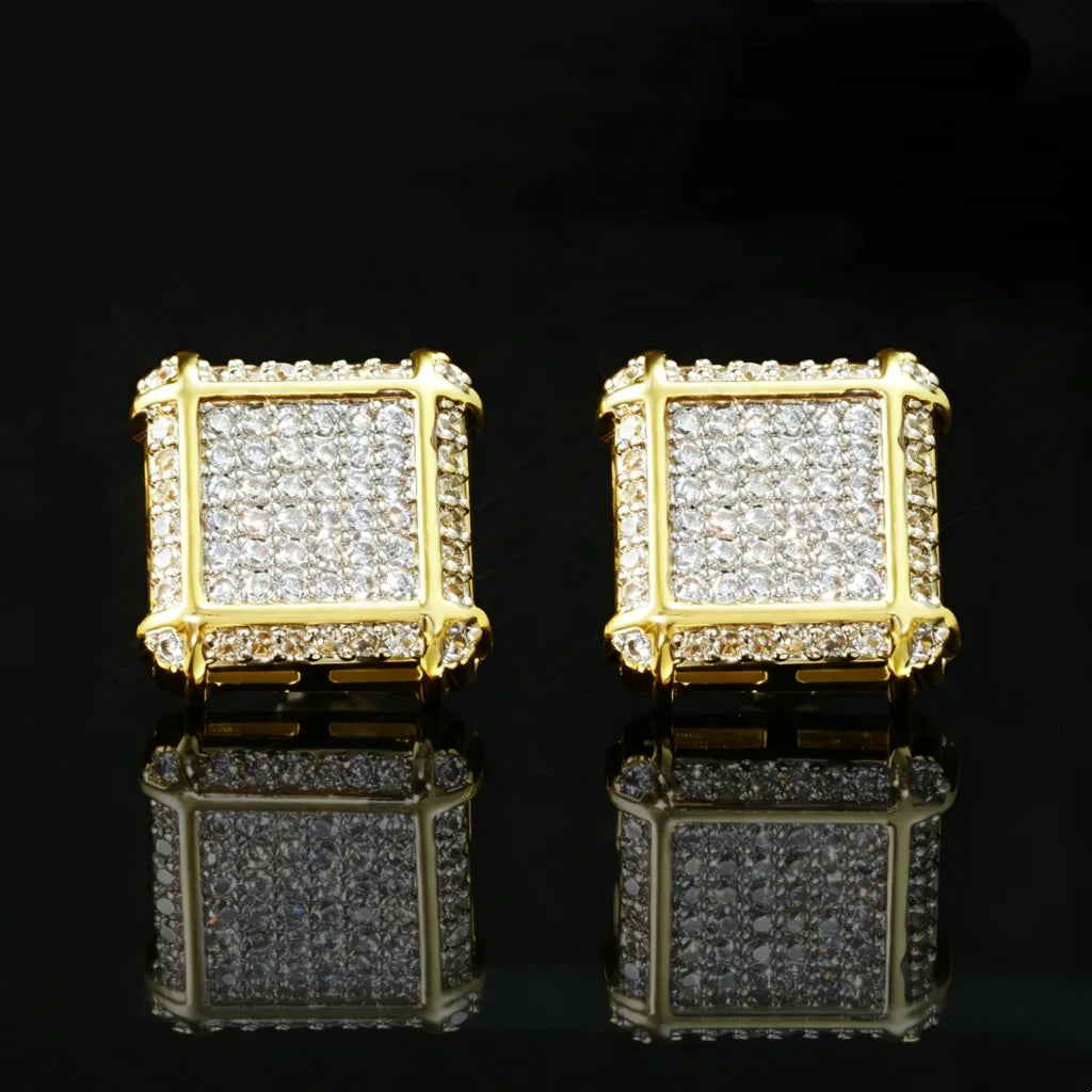 11MM Iced Out Square Frame Punk Screw Back Stud Earrings, Gold Plated VVS Simulated Diamond Micro Pave Square Earrings, Secure Screwback Hip Hop Punk Piercing Jewelry Gift for Men Women RDRIP JEWELRY
