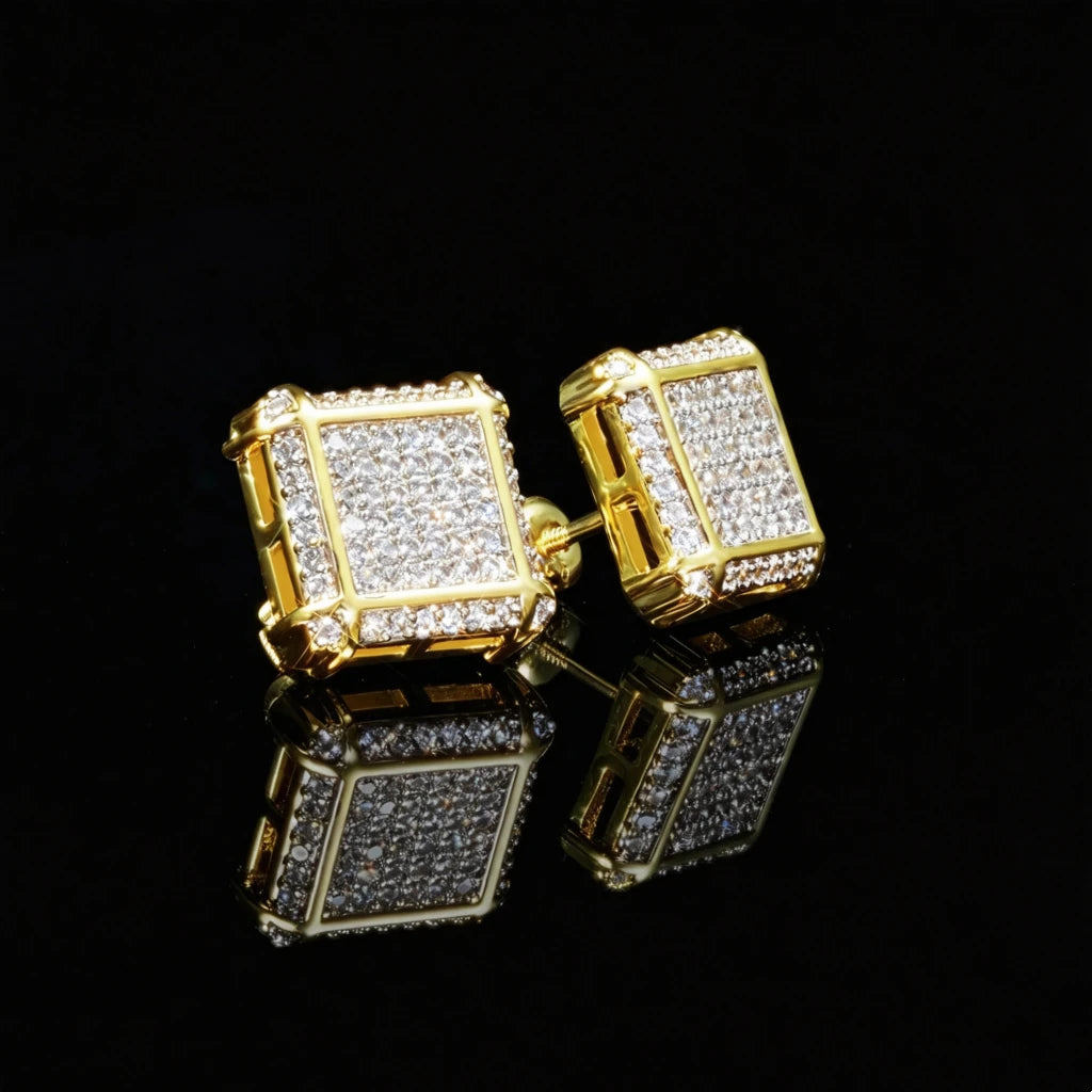 11MM Iced Out Square Frame Punk Screw Back Stud Earrings, Gold Plated VVS Simulated Diamond Micro Pave Square Earrings, Secure Screwback Hip Hop Punk Piercing Jewelry Gift for Men Women RDRIP JEWELRY
