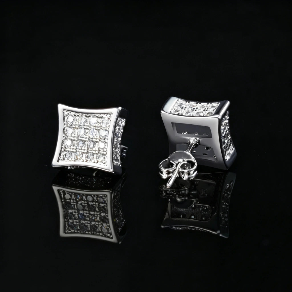 12MM Curved Square Iced Out Micro Pave Stud Earrings back view, full pave VVS simulated diamond concave square hip hop studs, silver plated push back stud clasp, bling unisex earrings for men, RDRIP JEWELRY