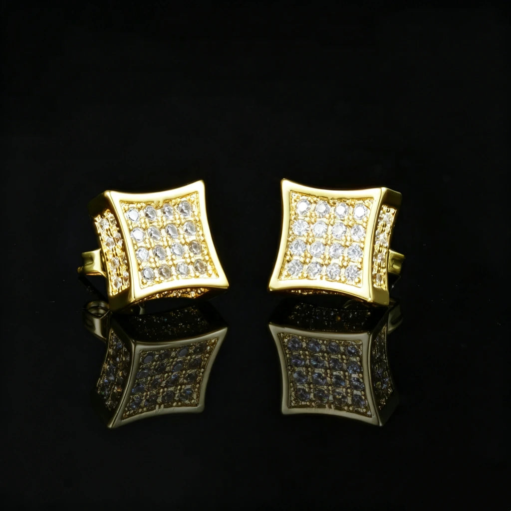 12MM Curved Square Iced Out Micro Pave Stud Earrings gold plated back view, full pave VVS simulated diamond concave square hip hop studs, push back stud clasp, premium bling unisex earrings for men, RDRIP JEWELRY