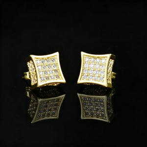 12MM Curved Square Iced Out Micro Pave Stud Earrings gold plated back view, full pave VVS simulated diamond concave square hip hop studs, push back stud clasp, premium bling unisex earrings for men, RDRIP JEWELRY