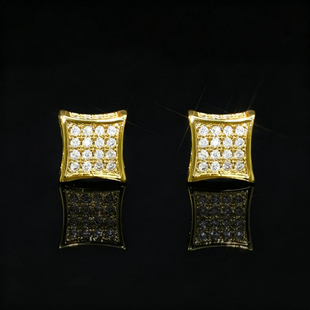 12MM Curved Square Iced Out Micro Pave Stud Earrings, 18k gold plated full pave VVS simulated diamond concave square hip hop studs, premium bling unisex earrings for men, RDRIP JEWELRY