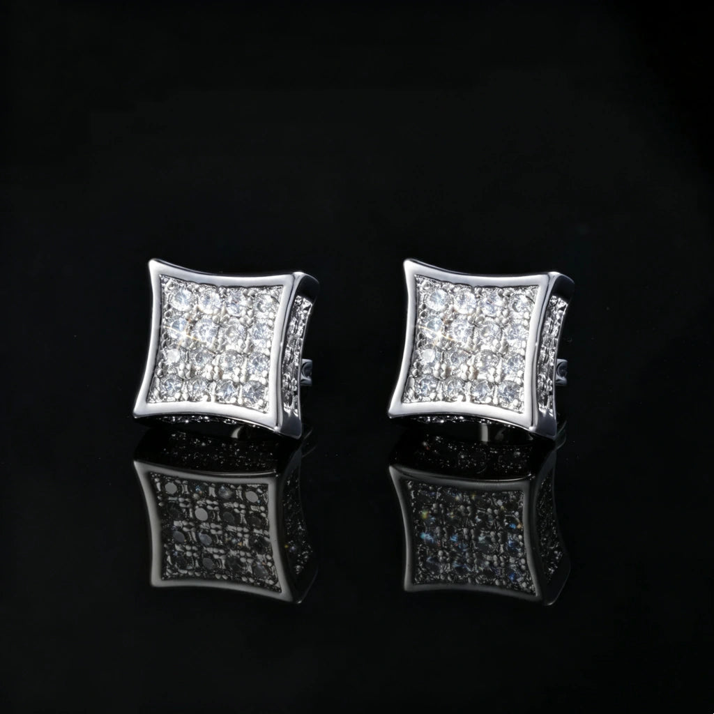 12MM Curved Square Iced Out Micro Pave Stud Earrings, full pave VVS simulated diamond concave square hip hop studs, silver and 18k gold plated bling unisex earrings for men, RDRIP JEWELRY
