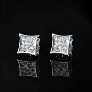 12MM Curved Square Iced Out Micro Pave Stud Earrings, full pave VVS simulated diamond concave square hip hop studs, silver and 18k gold plated bling unisex earrings for men, RDRIP JEWELRY
