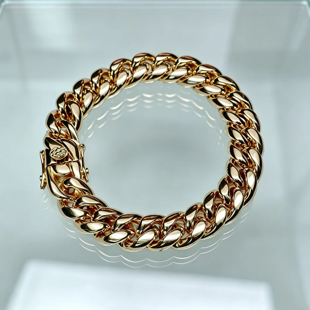 Polished heavy 12mm 18k gold plated classic Miami cuban link bracelet for men crafted with solid stainless steel base triple thick IP gold wrapping full gold coverage between chain links sturdy triple safety lock box clasp thick shiny gold cuban wrist chain realistic solid gold look weighty hip hop rapper daily wear jewelry tarnish resistant durable mens stacking wrist accessory premium affordable alternative to real solid 18k gold cuban bracelet available in 7 inch 8 inch lengths 106g heavy weight hip hop 
